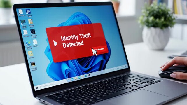 Woman&rsquo;s hand moving a mouse, a red identity theft detected warning message on a laptop screen with a cyber crime concept footage.