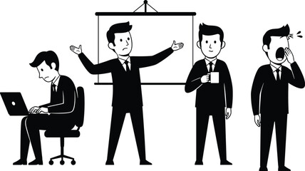 Cartoon businessmen in office activities, working presenting relaxing yawning, black vector illustration, workplace behavior concept 