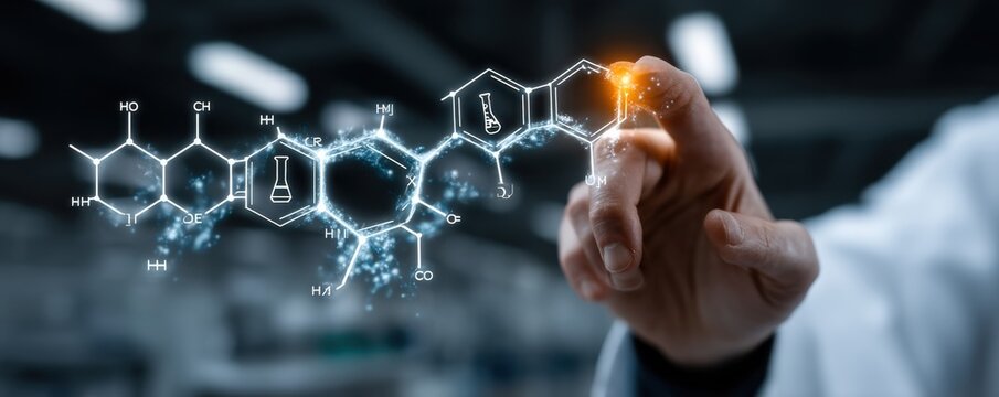 A scientist touches a holographic flowchart in a high-tech laboratory exploring molecular data and future innovations
