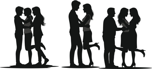 Silhouetted couples embracing in romantic poses, playful leg lift gesture, black vector illustration, love connection artwork, 