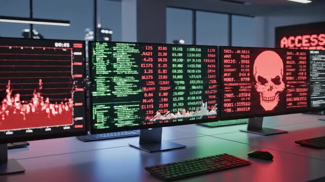 Office computers with blinking ransomware alert showing access denied, skull graphic, and corrupted data for cyberattack concept footage