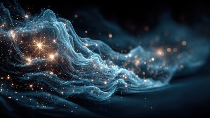 Abstract glowing blue quantum entanglement energy wave with nebula light trails on dark space background, scifi technology concept for website design or presentation visual.