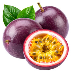 Exotic Passion: A close-up showcases vibrant passion fruit, with one artfully halved to reveal its juicy interior and seeds. Lush green leaves provide a touch of freshness. 
