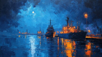 Ship with searchlight at night. The boat is at the pier. Moonlit night, dark water.Paintings