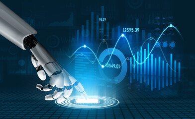 A robotic hand engages with a digital interface, showcasing data analytics and financial trends. This image represents the intersection of technology and business insights. Scalp