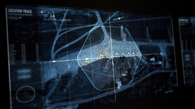 Modern Computer User Interface. Location track. Satellite footage.The hackers are using this innovative technology for spying on the enemy's air forces. Aerodrome with eight aircrafts was found.