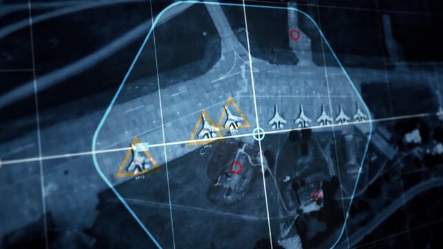 Future military surveillance technology is analyzing the designated area. Future military surveillance tech locates the enemy base position. Future military surveillance tech gathers intelligence. UI.