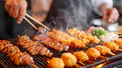 Naklejka premium Sizzling skewers of grilled delicacies are being prepared on a barbecue grill. The vibrant colors and steam create an appetizing atmosphere. Perfect for food lovers and culinary enthusiasts. AI