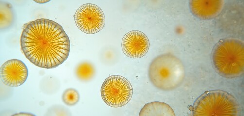 Microscopic view Licmophora sp. algae. Marine, freshwater diatom displays genus of photosynthetic epiphyte. Organism examined under lab conditions for scientific research, study of microorganisms