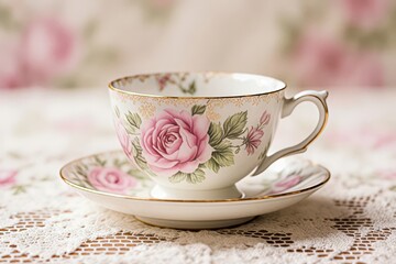 Fototapeta premium Vintage Floral Pattern: Antique porcelain teacup with roses on lace tablecloth 