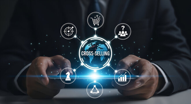 Businessman Illustrating Cross- Selling Concept with Icons - Powered by Adobe