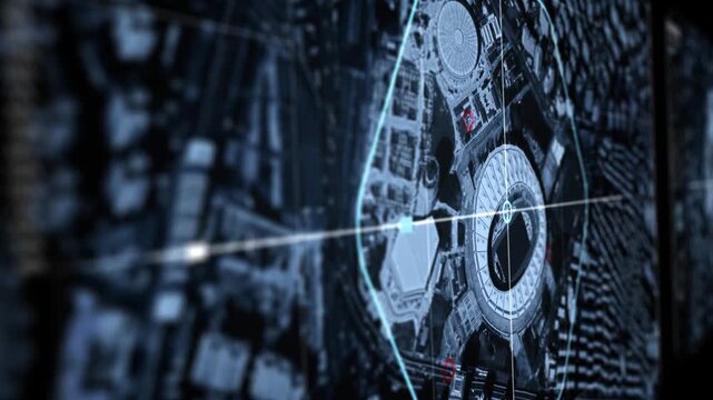 Tracking Coordinates Of Stadium In Modern City By Target Surveillance System Interface. Spy Digital Tracking Surveillance Interface Software. Aerial Surveillance Tracking Sensors Camera Interface