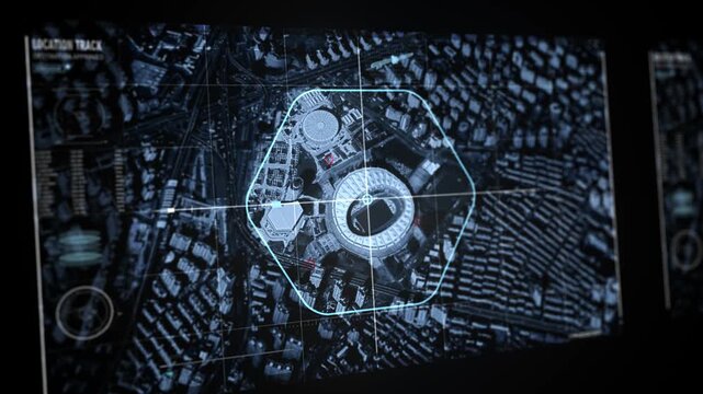 Satellite or Surveillance Camera Grid at Computer Screen. Scanning the Cityscape. Modern Spy Technology. Computer User Interface. City Map. Intelligence secret system. Global scan.