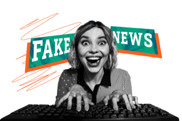 Creative collage picture young woman crazy face keyboard computer device equipment fake news propaganda freak influence internet user