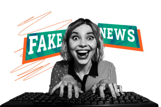 Creative collage picture young woman crazy face keyboard computer device equipment fake news propaganda freak influence internet user