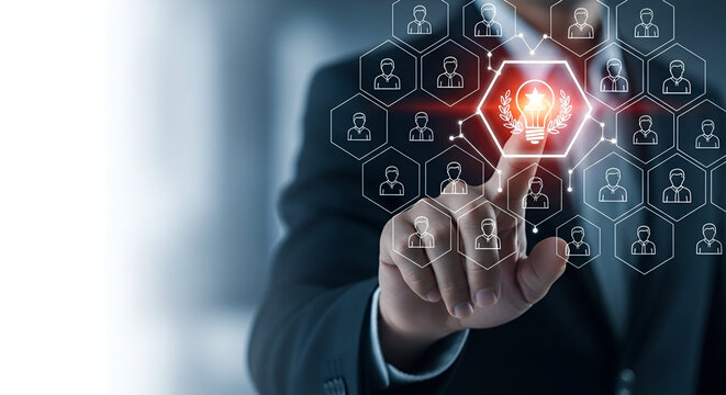 Businessman pointing to idea bulb in network of people - Powered by Adobe