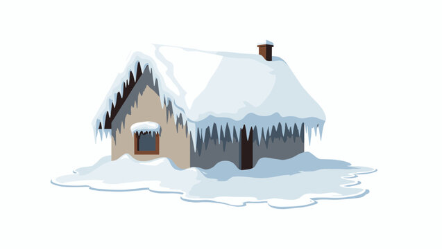 Small wooden hut covered with thick snow and icicles, ice sheet on rooftop, winter landscape concept