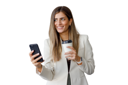 Businesswoman smiling, holding a takeaway coffee cup and her smartphone. Transparent background for versatile use