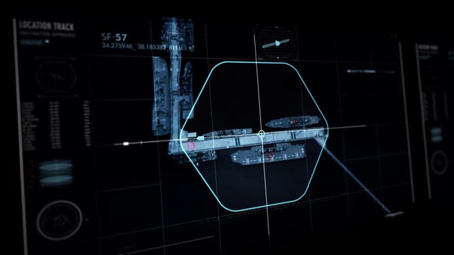Military Satellite Surveillance Tracking Position Of Enemy Aircraft Carrier. Military Force Using Satellite Surveillance Interface For Location Tracking. Military Intelligence Satellite Surveillance