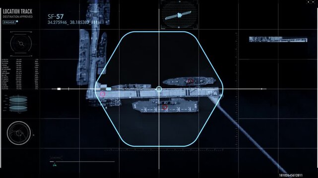 Modern Satellite Control Interface Tracking Naval Forces Base With Stationed Aircraft Carrier. Satellite Tracking Naval Combat Force Location Coordinates. High Tech Tracking Of Naval Forces Position