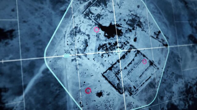 Extreme Close Up of Satellite Camera Grid. Scanning the Deserted Place. Searching For the Military Base. Surveillance Spy System. High tech innovation technology. Digital drone. Dark internet.