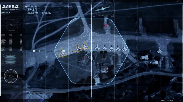 Military Air Base Location Tracking By Modern Radar Analysis System Software. Position Data Analysis Spy Operation In Radar Surveillance System. Advanced Radar Analysis System Ui. Army Technology