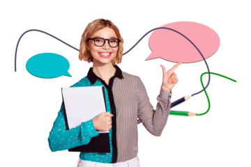 Composite photo collage of happy student girl hold notepad pencil supplies colorful bubble speech talk isolated on painted background