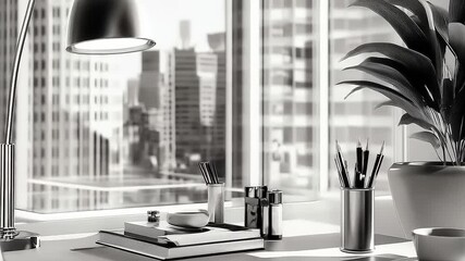 Monochrome office space showcasing a modern desk arrangement with city view in background