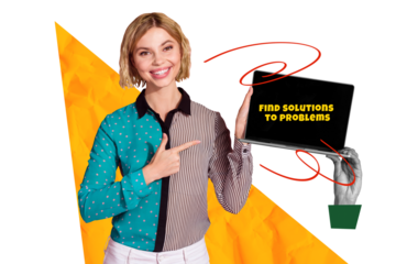 Composite photo collage of happy businesswoman point laptop screen find solution problems plan development isolated on painted background