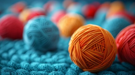 Vibrant yarn balls in various colors create a playful scene. The bright orange, blue, and red yarns rest on a soft textured surface. This image inspires creativity and warmth. AI