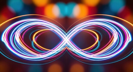 Vibrant neon light trails form an infinite loop, creating a dynamic and futuristic abstract background for technology and innovation concepts.