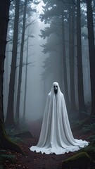 Ghostly Figure in Misty Forest Path