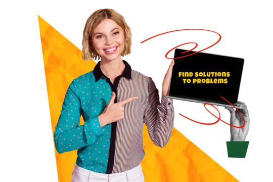 Composite photo collage of happy businesswoman point laptop screen find solution problems plan development isolated on painted background