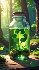 Glass Bottle with Recycling Symbol and Green Liquid in Forest Setting