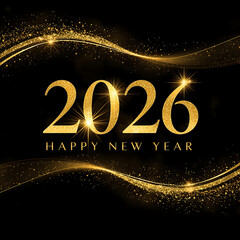 Elegant New Year 2026 design with a dark background featuring golden sparkling waves and glitter. The text 2026 Happy New Year is styled in a modern golden font with glowing particles,.