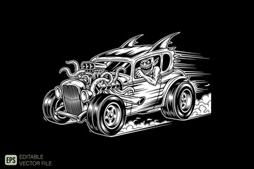 Vintage Hot Rod Car with Monster Driver Engraving Style Illustra