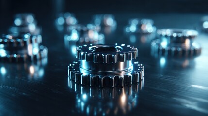 Close-Up View of Shiny Metallic Gears on a Dark Surface with a High-Tech Aesthetic, Ideal for Industrial and Engineering Themes in Visual Projects