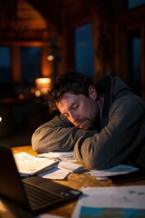 Fototapeta premium Exhausted man sitting alone at wooden table, elbows on table, eyes closed, deep in exhaustion, scattered papers and laptop