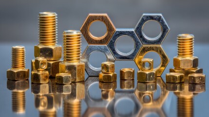 Close-up of Various Types of Metal Fasteners Including Nuts and Bolts on a Reflective Surface Showcasing Their Details and Textures Under Natural Light