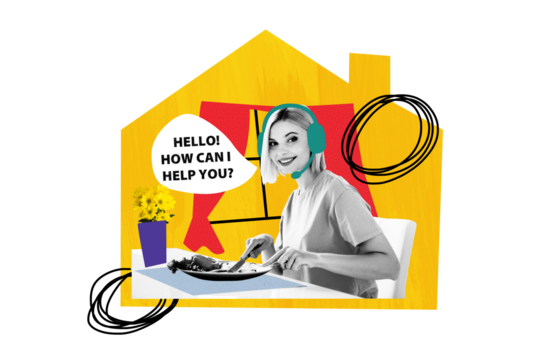 Creative photo collage young girl remote worker call center helpline customer support dinner eat nutrition drawing background