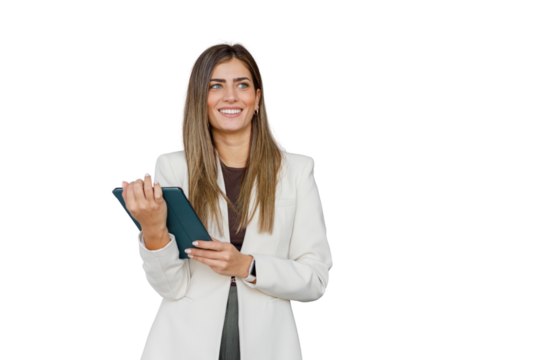 Young businesswoman smiling, standing with tablet, presenting professional concept on transparent background - Powered by Adobe