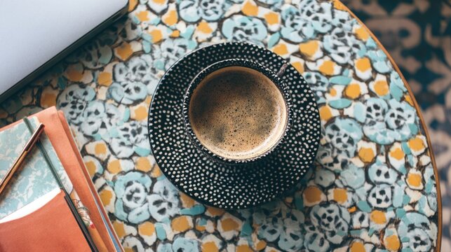 A View of a Coffee Cup on a Vibrant Tablecloth Surrounded by Stationery and a Laptop, Ideal for Cozy Workspace or Café Atmosphere Photography