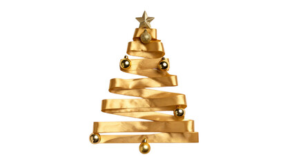 Minimalist Christmas tree made of golden ribbons and ornaments, isolated on transparent background, elegant holiday design, PNG