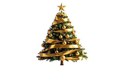 Minimalist Christmas tree wrapped br golden ribbons and ornaments, isolated on transparent background, elegant holiday design