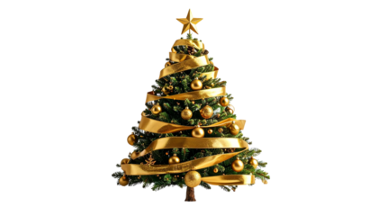 Minimalist Christmas tree wrapped br golden ribbons and ornaments, isolated on transparent background, elegant holiday design
