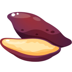 Two Fresh Purple Sweet Potatoes One Whole and One Sliced Showing Bright Yellow Interior with Smooth Shiny Skin Against a Transparent Background Clean Food Illustration