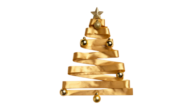 Minimalist Christmas tree made of golden ribbons and ornaments, isolated on transparent background, elegant holiday design, PNG