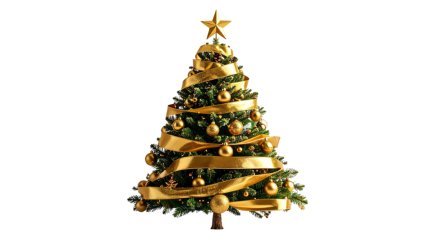 Minimalist Christmas tree wrapped br golden ribbons and ornaments, isolated on transparent background, elegant holiday design