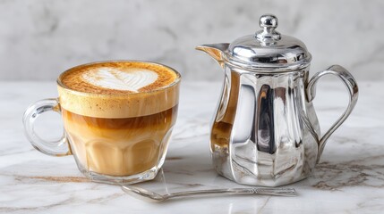 A Beautifully Crafted Latte with Artful Foam Design in a Transparent Glass Mug Beside a Silver Milk Jug on a Marble Tabletop, Perfect for Coffee Lovers