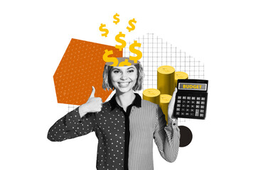 Exclusive art banner collage of happy businesswoman accountant hold calculator count dollar money...